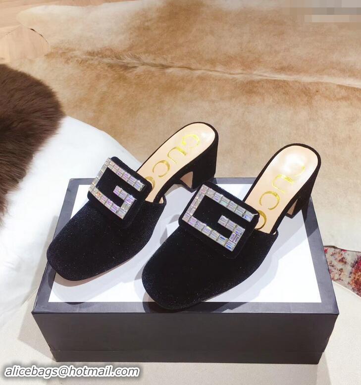 Expensive Gucci Heel 6cm Crystal G Slipper Mules G21804 Velvet Black 2019