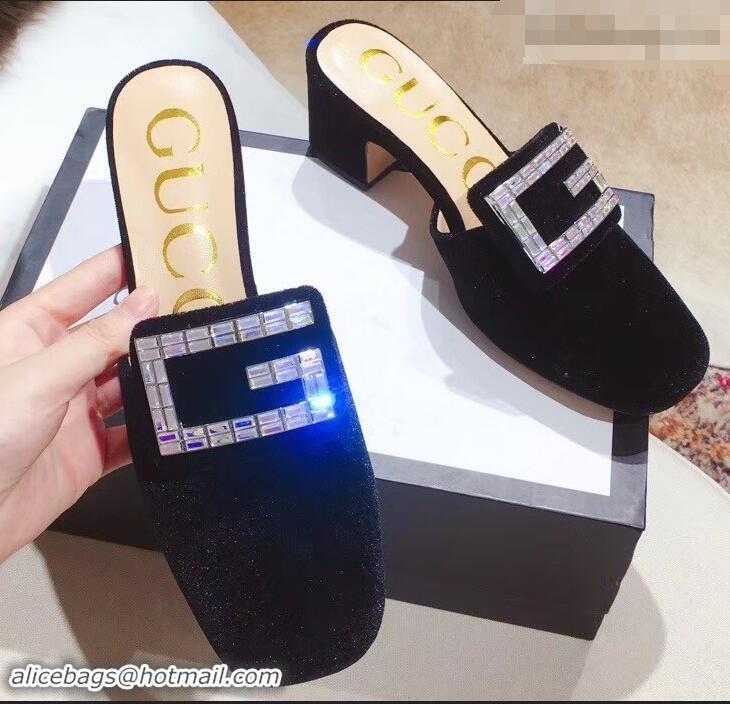 Expensive Gucci Heel 6cm Crystal G Slipper Mules G21804 Velvet Black 2019