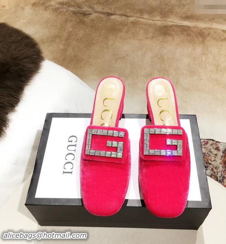 Refined Discount Gucci Heel 6cm Crystal G Slipper Mules G21804 Velvet Pink 2019