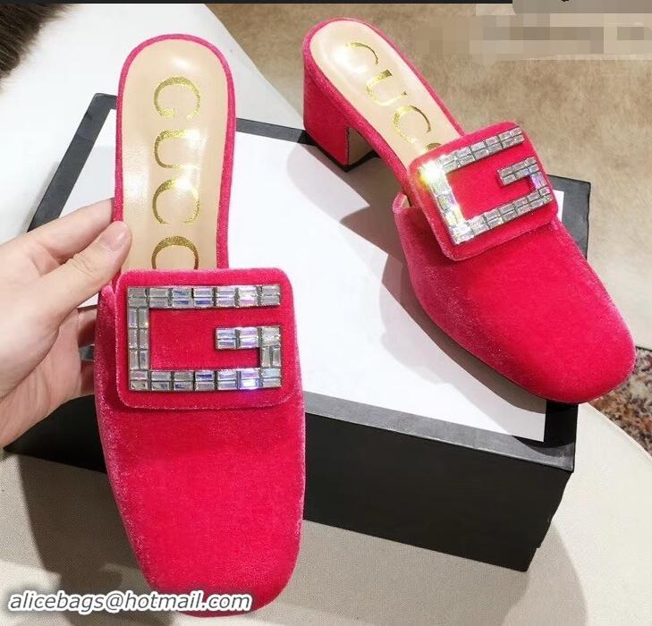 Refined Discount Gucci Heel 6cm Crystal G Slipper Mules G21804 Velvet Pink 2019