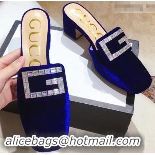 Modern Discount Gucci Heel 6cm Crystal G Slipper Mules G21804 Velvet Blue 2019