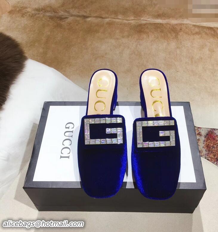 Modern Discount Gucci Heel 6cm Crystal G Slipper Mules G21804 Velvet Blue 2019