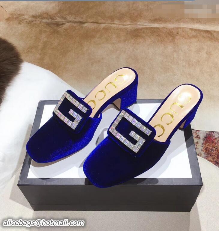 Modern Discount Gucci Heel 6cm Crystal G Slipper Mules G21804 Velvet Blue 2019