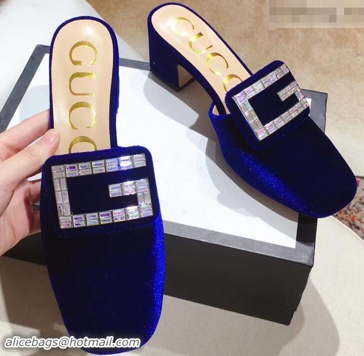 Modern Discount Gucci Heel 6cm Crystal G Slipper Mules G21804 Velvet Blue 2019