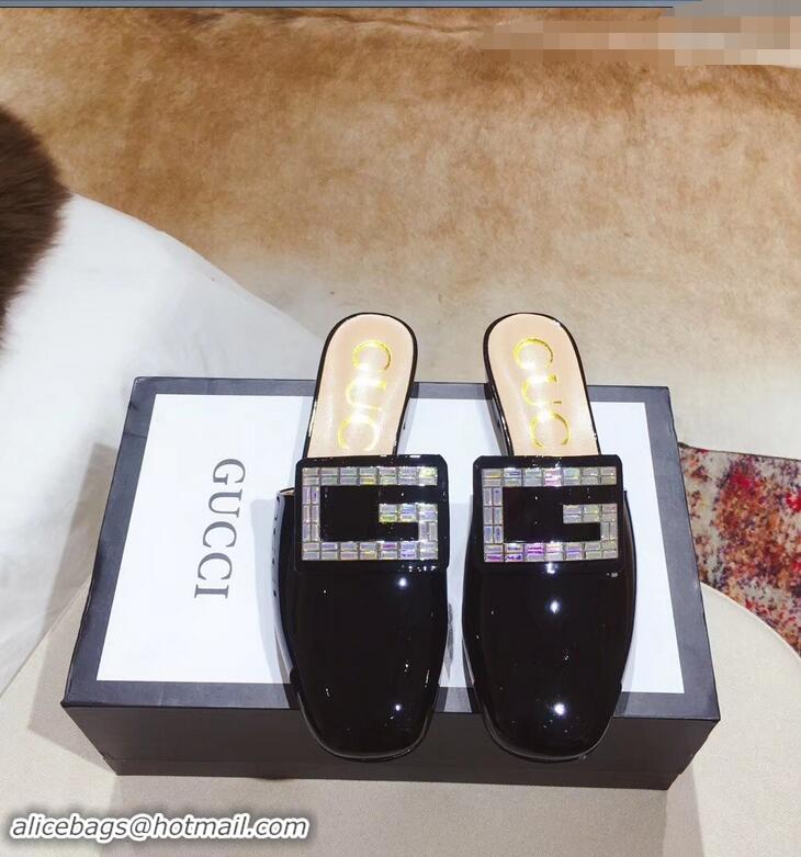 New Release Creation Gucci Crystal G Slipper Patent G21807 Black 2019