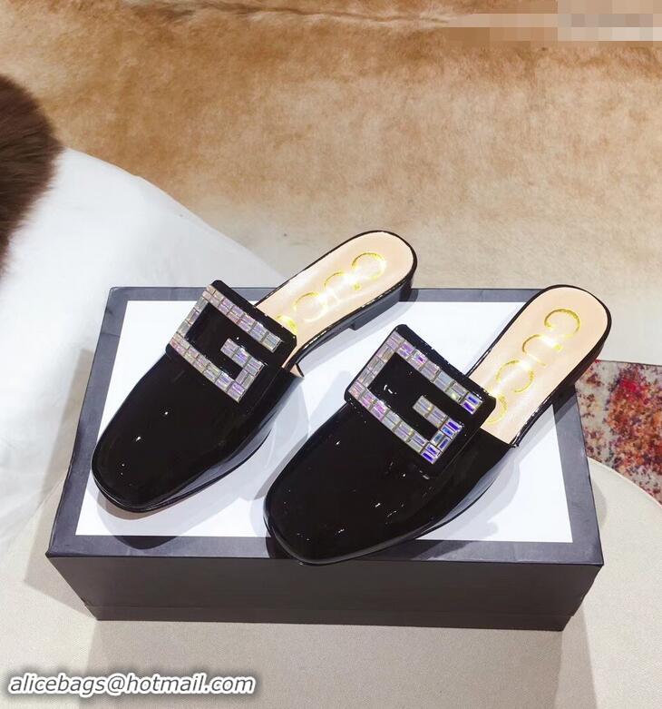 New Release Creation Gucci Crystal G Slipper Patent G21807 Black 2019