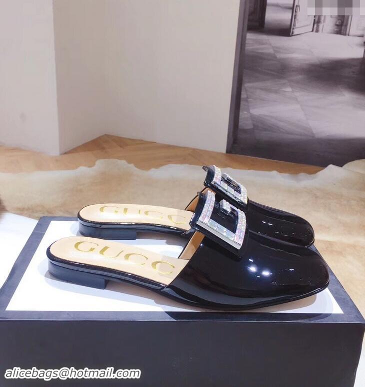 New Release Creation Gucci Crystal G Slipper Patent G21807 Black 2019