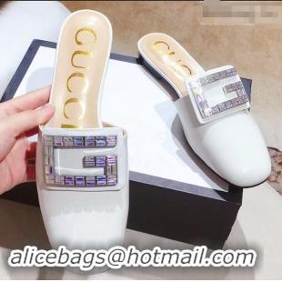 Chic Cheap Gucci Crystal G Slipper Patent G21807 White 2019