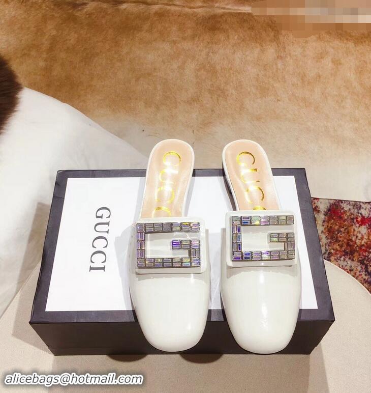 Chic Cheap Gucci Crystal G Slipper Patent G21807 White 2019