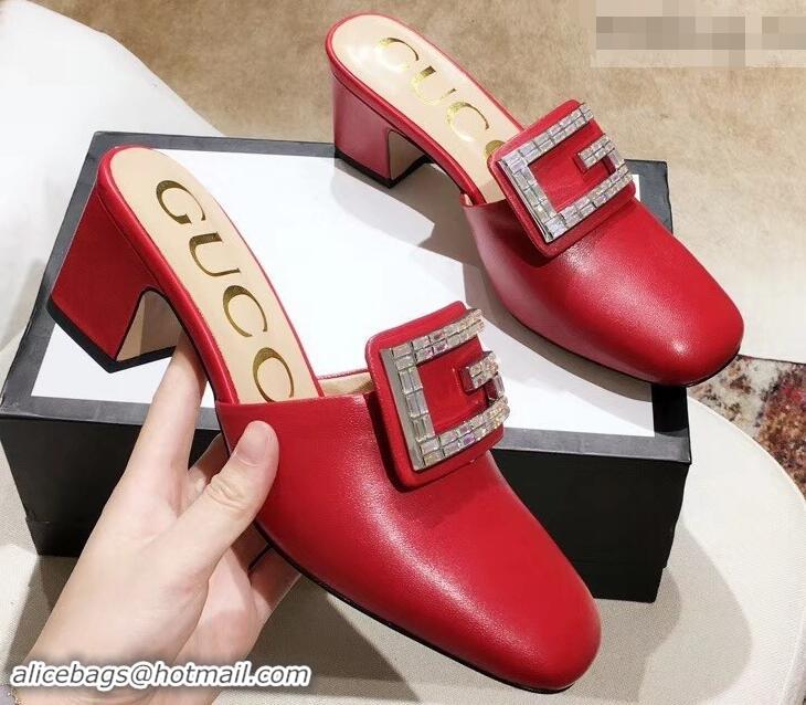 Shop Cheap Gucci Heel 6cm Crystal G Slipper Mules G21812 Red 2019