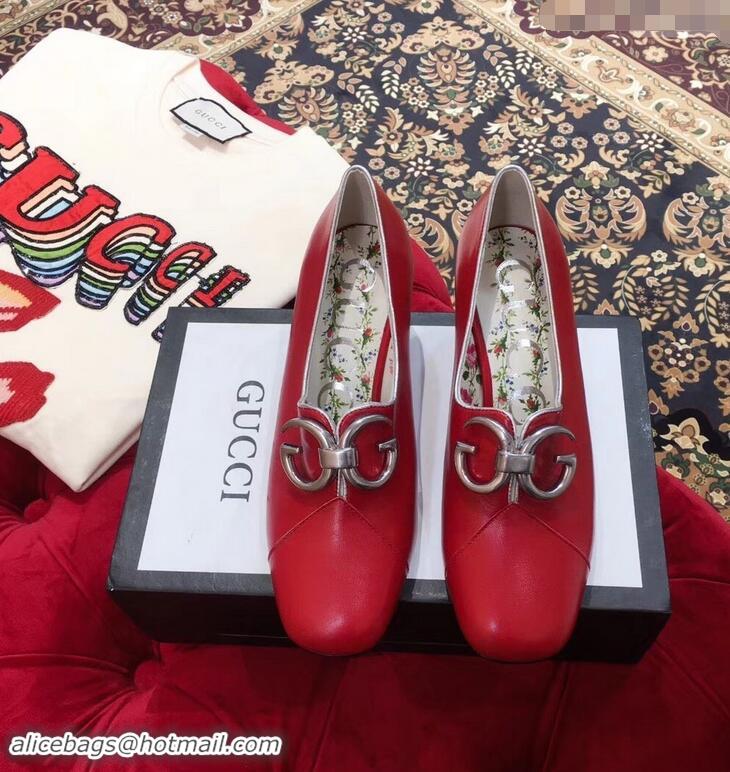 Discount Gucci GG Mirrored Detail Rose Print Mid Heel Pumps 921826 Red 2019