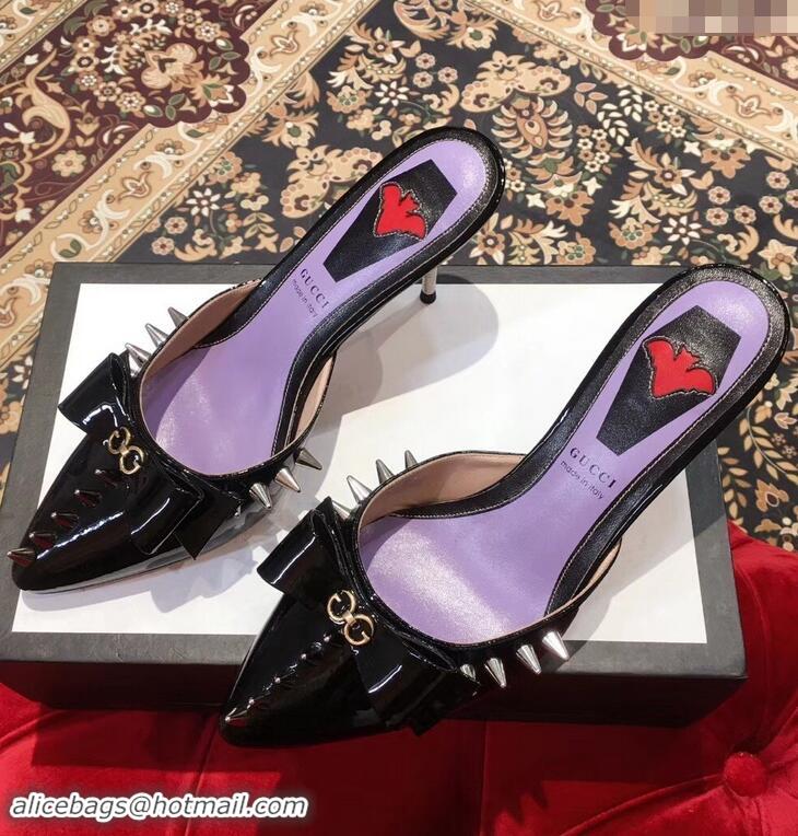 Cheapest Gucci Heel 8cm Patent Leather Silver-toned Spikes Mules with Bow 921831 Black 2019