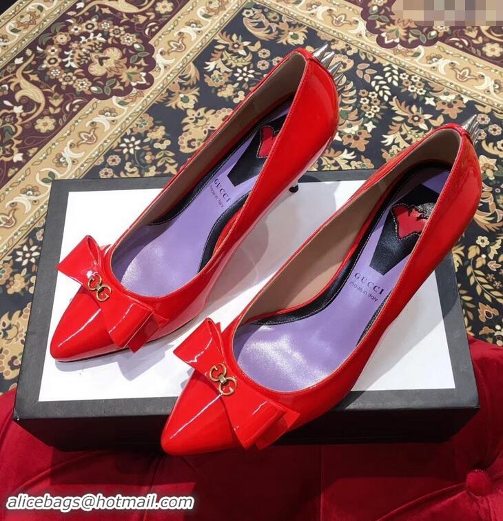 Low Price Gucci Heel 8cm Patent Leather Silver-toned Spikes Pumps with Bow 549666 Red 2019