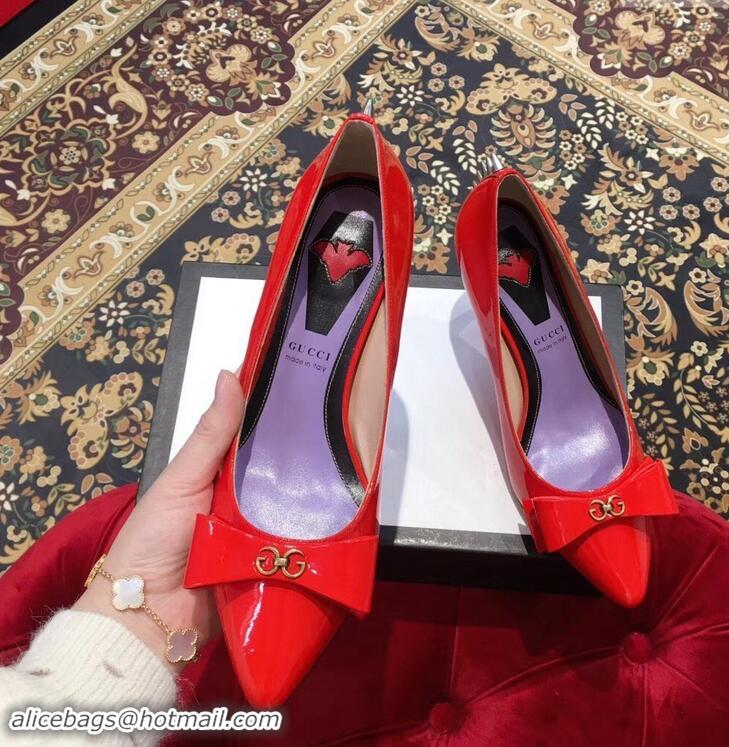 Low Price Gucci Heel 8cm Patent Leather Silver-toned Spikes Pumps with Bow 549666 Red 2019