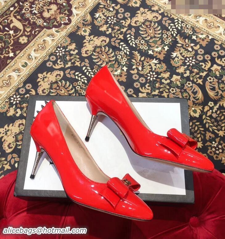 Low Price Gucci Heel 8cm Patent Leather Silver-toned Spikes Pumps with Bow 549666 Red 2019