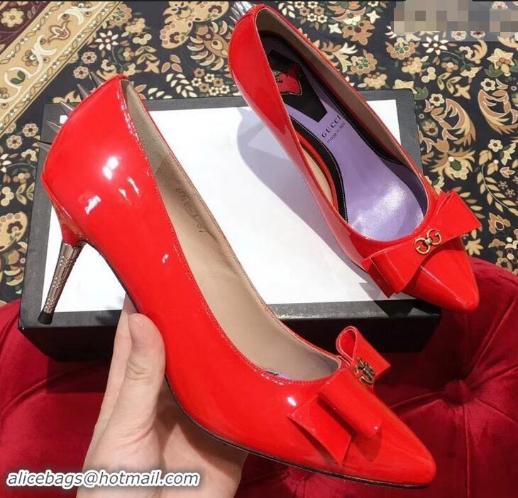 Low Price Gucci Heel 8cm Patent Leather Silver-toned Spikes Pumps with Bow 549666 Red 2019