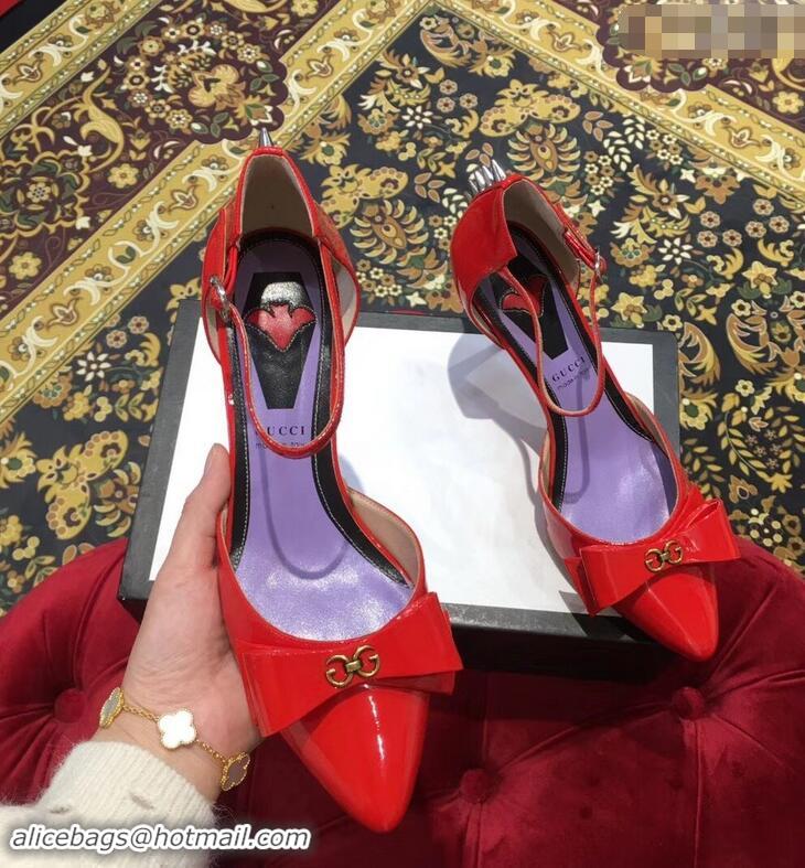 Duplicate Gucci Heel 8cm Patent Leather Silver-toned Spikes Sandals with Bow 921835 Red 2019