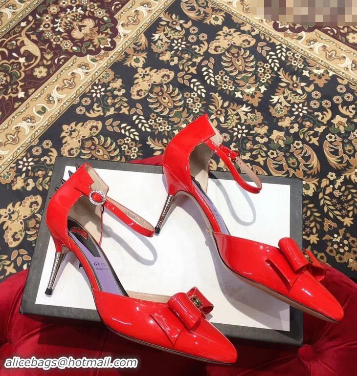 Duplicate Gucci Heel 8cm Patent Leather Silver-toned Spikes Sandals with Bow 921835 Red 2019