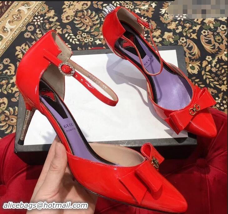 Duplicate Gucci Heel 8cm Patent Leather Silver-toned Spikes Sandals with Bow 921835 Red 2019