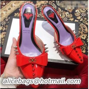 Pretty Style Gucci Heel 8cm Patent Leather Silver-toned Spikes Mules with Bow 921836 Red 2019