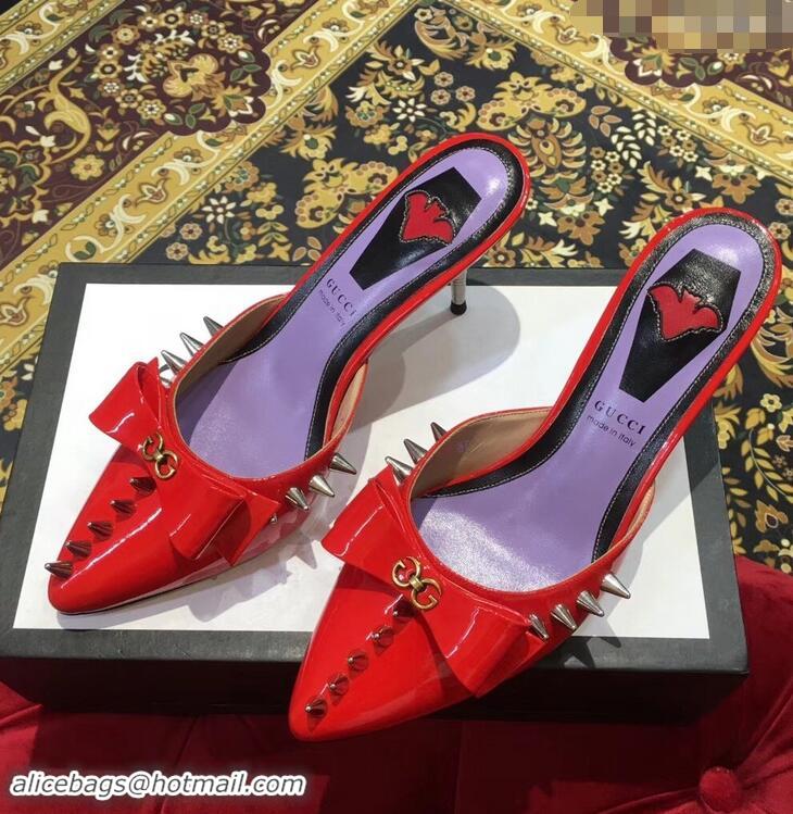 Pretty Style Gucci Heel 8cm Patent Leather Silver-toned Spikes Mules with Bow 921836 Red 2019