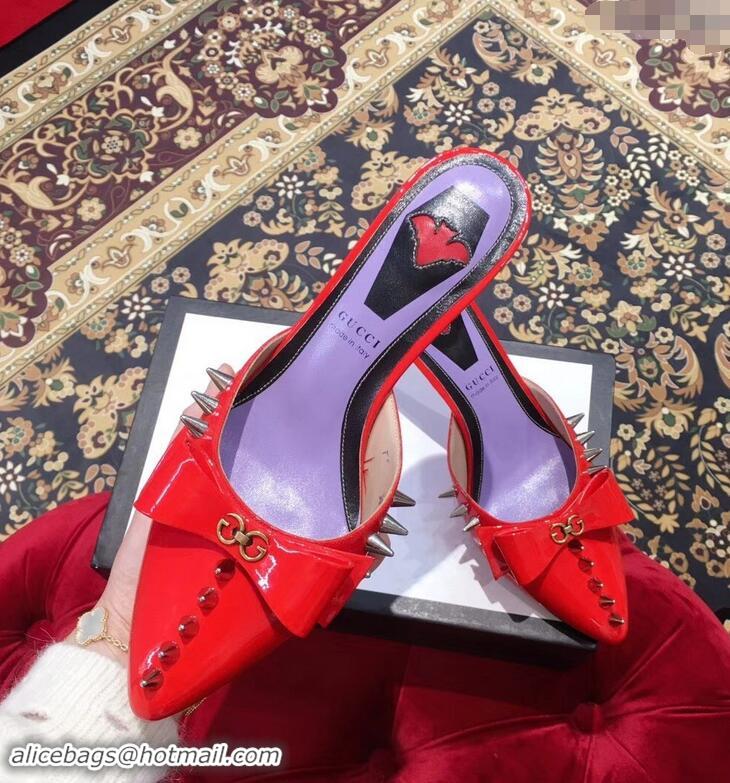 Pretty Style Gucci Heel 8cm Patent Leather Silver-toned Spikes Mules with Bow 921836 Red 2019