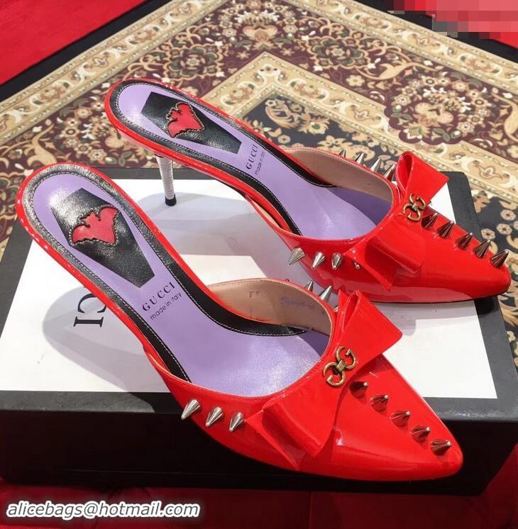 Pretty Style Gucci Heel 8cm Patent Leather Silver-toned Spikes Mules with Bow 921836 Red 2019