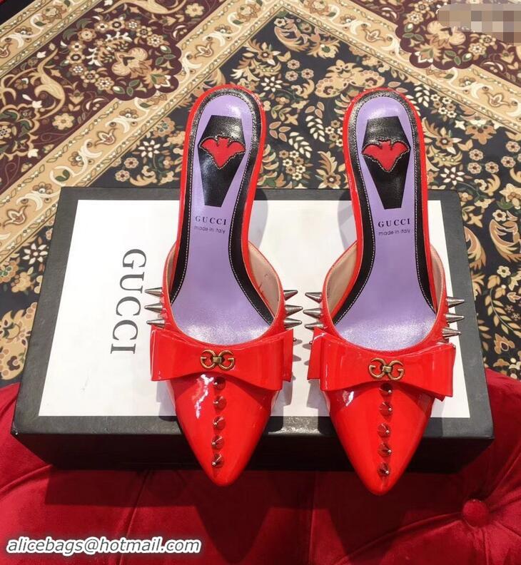 Pretty Style Gucci Heel 8cm Patent Leather Silver-toned Spikes Mules with Bow 921836 Red 2019