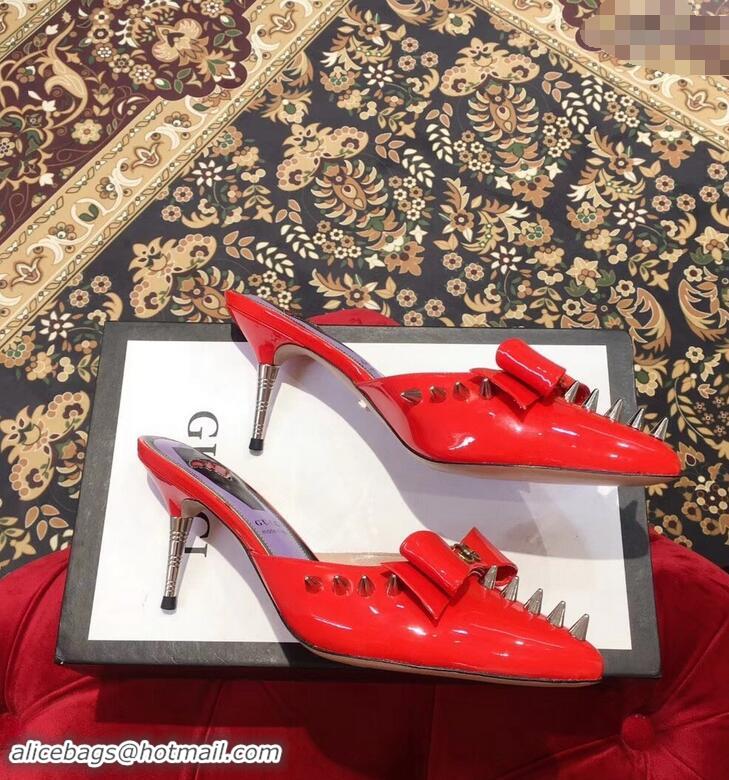 Pretty Style Gucci Heel 8cm Patent Leather Silver-toned Spikes Mules with Bow 921836 Red 2019