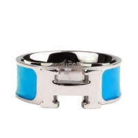 Pretty Style Hermes Enamel Clic H Rings HR1256 Blue Silver