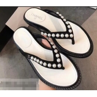 Free Shipping Chanel Suede Leather Pearls Thong Slipper Sandals G32502 Black 2019