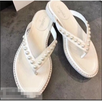 Trendy Design Chanel Suede Leather Pearls Thong Slipper Sandals G32502 White 2019