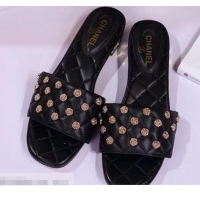 Charming Chanel Camellia Embellishment Mules Slipper Sandals G32631 Black 2019