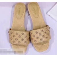 Noble Useful Chanel Camellia Embellishment Mules Slipper Sandals G32631 Apricot 2019