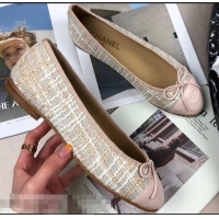 Popular Style Chanel Tweed Classic Bow Ballerinas Flats G40306 Beige