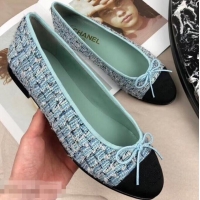 Chic Reproduction Chanel Tweed Classic Bow Ballerinas Flats G40308 Turquoise/Black