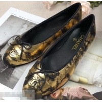 Luxury Chanel Leather Classic Bow Ballerinas Flats G40313 Laminated Gold