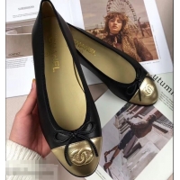 Feminine Chanel Leather Classic Bow Ballerinas Flats G40324 Bi-color Black/Gold