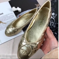 Best Grade Chanel Leather Classic Bow Ballerinas Flats G40331Quilted Gold