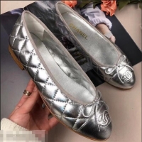 Grade Quality Chanel Leather Classic Bow Ballerinas Flats G40332 Quilted Silver/Apricot Sole