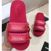 Newest Fashion Chanel Coco Logo Fabric Mules Slipper Sandals G34729 Red/Fuchsia 2019