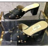 Cheapest Valentino Heel 6.5cm Grained Leather Rockstud Crossover Mules Sandals V22501 Black 2019