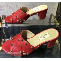 Discount Valentino Heel 6.5cm Grained Leather Rockstud Crossover Mules Sandals V22501 Red 2019