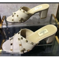 Reproduction Valentino Heel 6.5cm Grained Leather Rockstud Crossover Mules Sandals V22501 Nude 2019