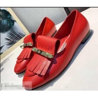 Cheapest Valentino Heel 2cm Calfskin Leather Fringe Moccasin V22504 Red 2019