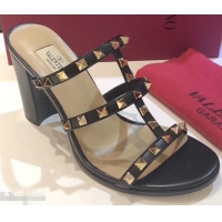 Famous Brand Valentino Heel 9.5cm Rockstud Mules Slide Sandals VT2501 Black