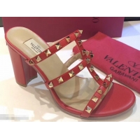 Super Valentino Heel 9.5cm Rockstud Mules Slide Sandals VT2501 Red