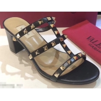 Popular Style Valentino Heel 6.5cm Rockstud Mules Slide Sandals VT2502 Black