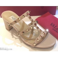 Reproduction Valentino Heel 6.5cm Rockstud Mules Slide Sandals VT2502 Nude