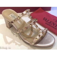 Discount Valentino Heel 6.5cm Rockstud Mules Slide Sandals VT2502 Gold